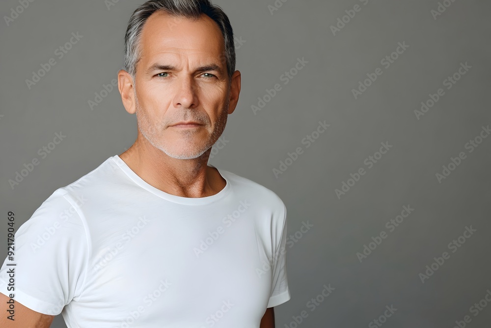 Serious Confident Middle Aged Male Portrait on Gray Background Serious Confident Middle Aged Male Portrait on Gray Background