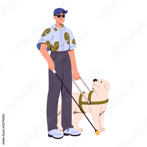 Guide dog leads blind man. Disabled person in sunglasses walks with walking stick. Pet helps character with disability, impaired eyesight. Flat isolated vector illustration on white background