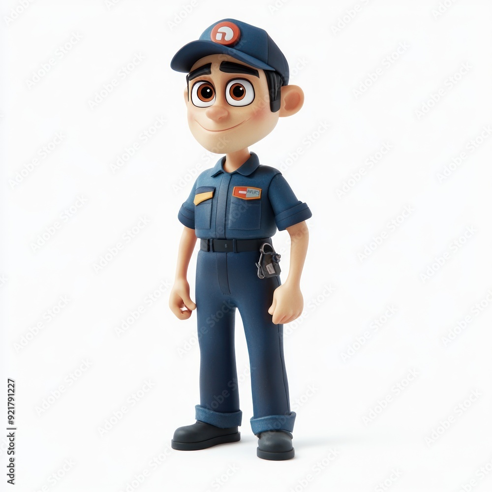 A cartoonish character dressed as a mechanic, smiling and standing confidently. A cartoonish character dressed as a mechanic, smiling and standing confidently.
