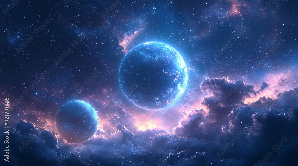 Obraz premium Blue Planets in a Starry Sky.
