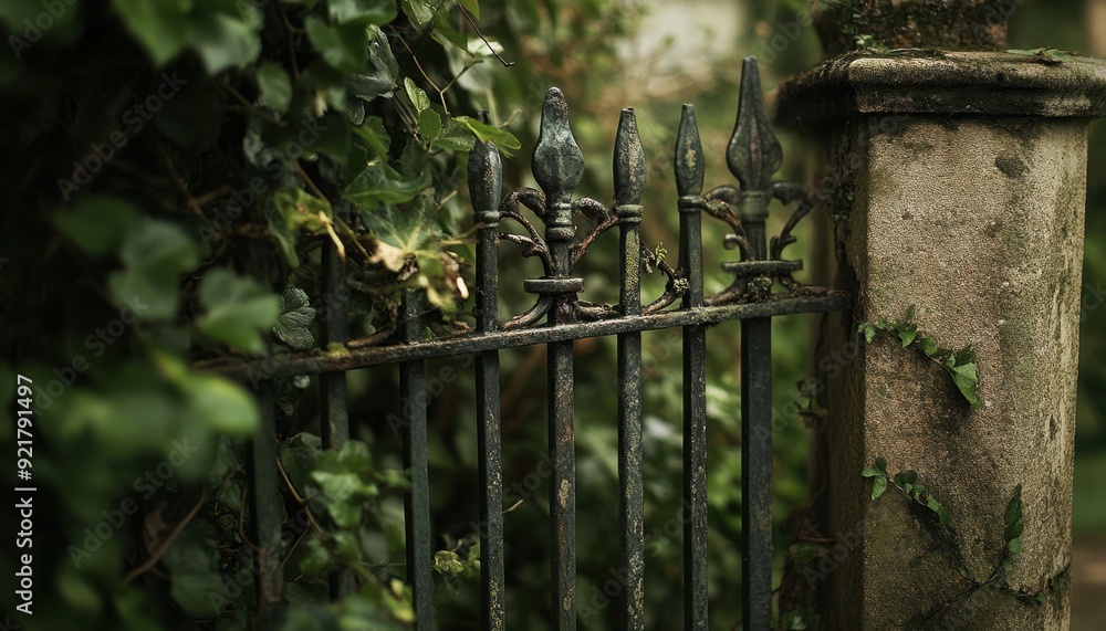 Rusty iron gate surrounded by ivy at an old stone wall in a serene garden setting Rusty iron gate surrounded by ivy at an old stone wall in a serene garden setting