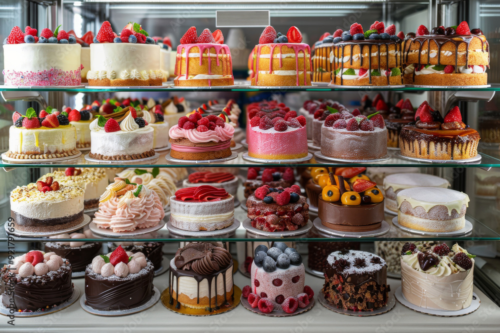 Cake shop with various cake flavors, or delicious cakes in cafe' and birthday cake concept. Cake shop with various cake flavors, or delicious cakes in cafe' and birthday cake concept.