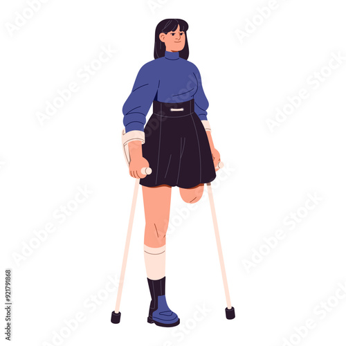 Happy Asian girl with physical disability. Young woman with amputation of a limb walking with crutches. Positive amputee without leg standing. Flat isolated vector illustration on white background