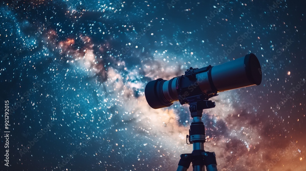 Telescope pointed at the night sky with the Milky Way galaxy visible. Telescope pointed at the night sky with the Milky Way galaxy visible.