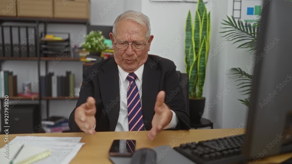 Elderly grey-haired man in a suit using a smartphone and gesturing in a modern office with plants and bookshelves. Elderly grey-haired man in a suit using a smartphone and gesturing in a modern office with plants and bookshelves.