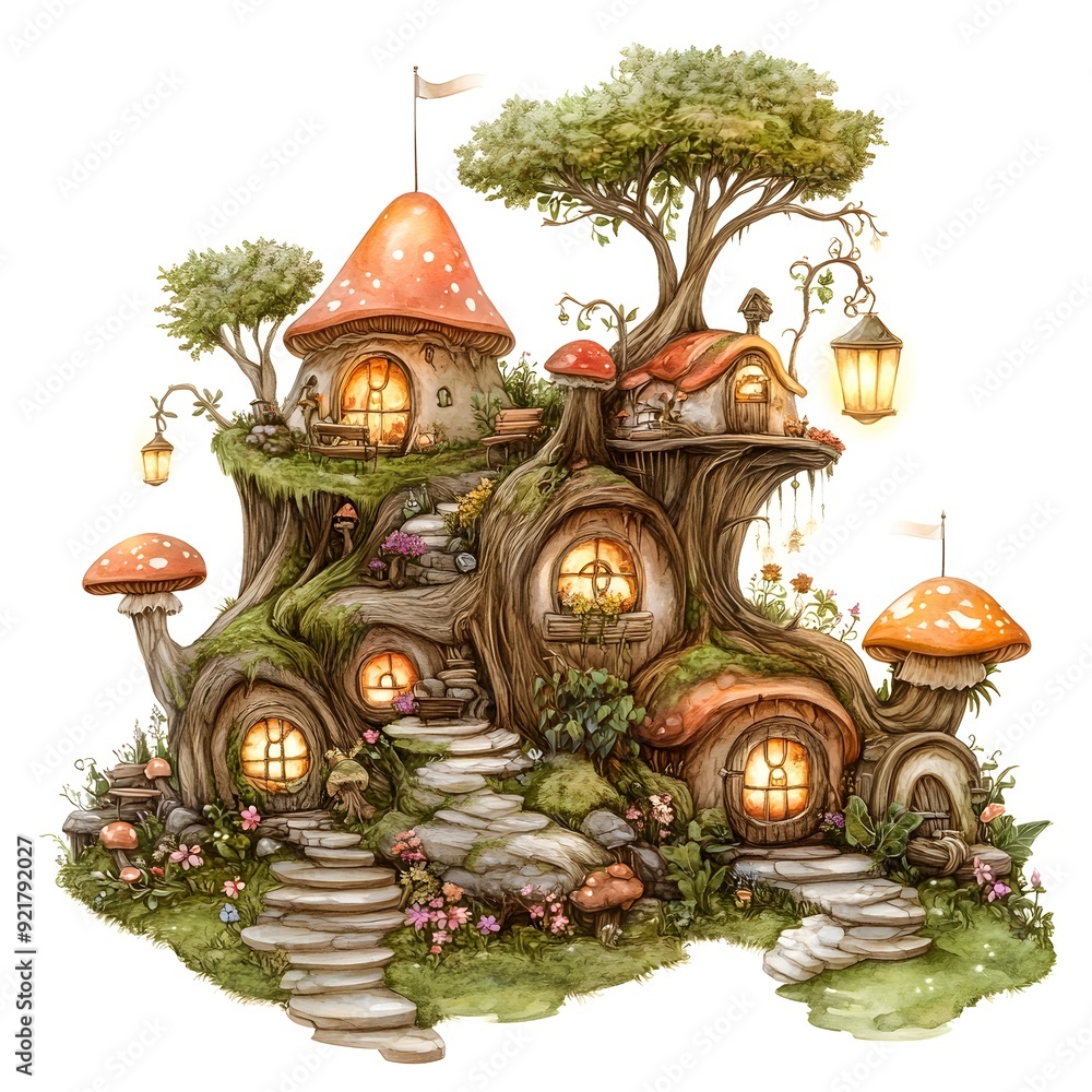 Fototapeta premium Enchanting Cinnamon Dusted Fairy Village Nestled Amongst Gnarled Tree Roots and Whimsical Mushroom Houses