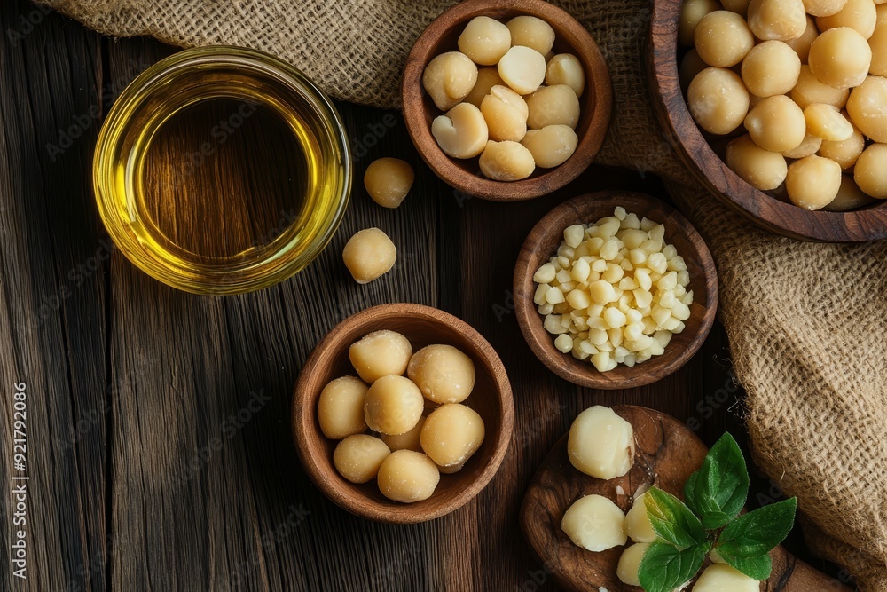 Bowls Brimming with Macadamia Nuts and Drizzled Olive Oil Bowls Brimming with Macadamia Nuts and Drizzled Olive Oil