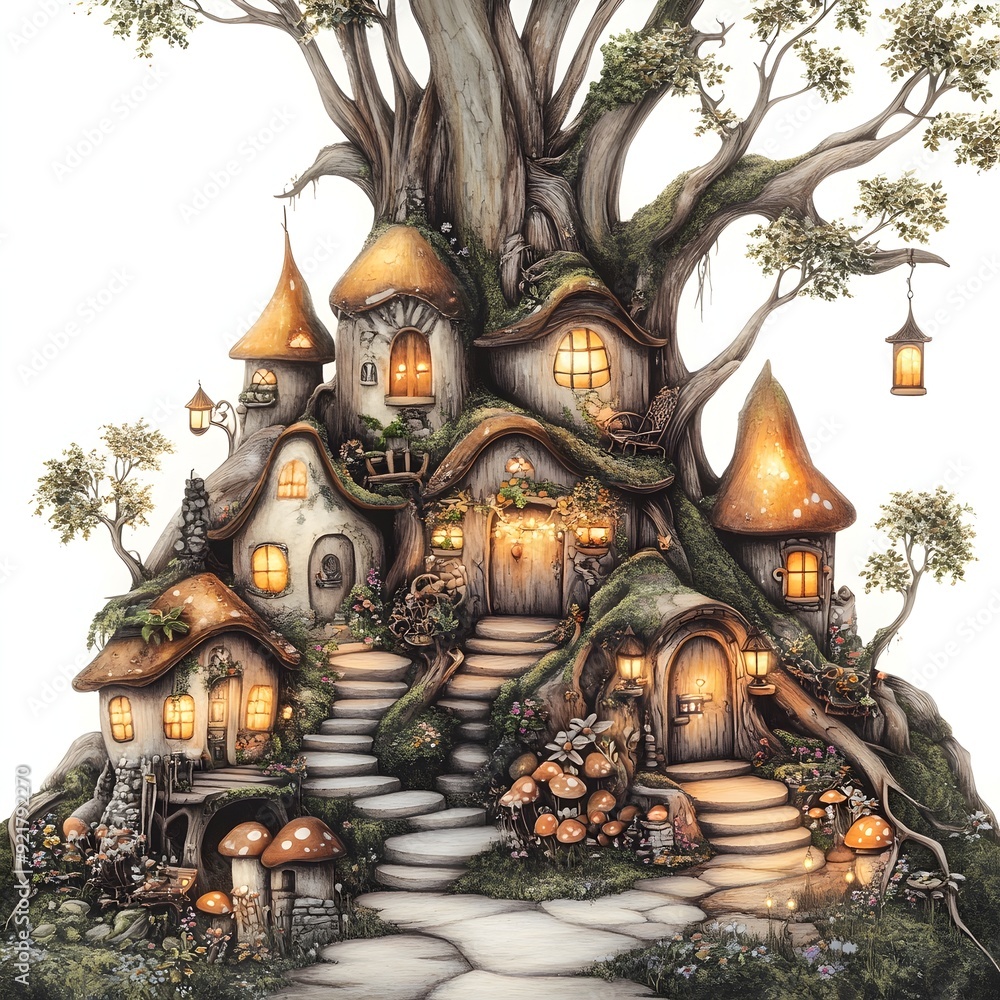 Obraz premium Enchanting Fairy Village Nestled Amidst Gnarled Tree Roots and Whimsical Mushroom Houses