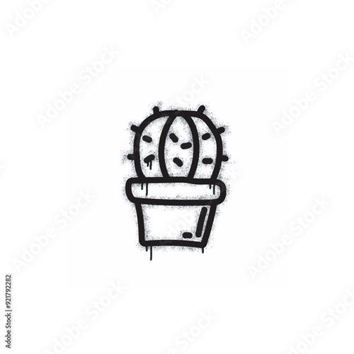Cactus plant graffiti spray painted black on white.