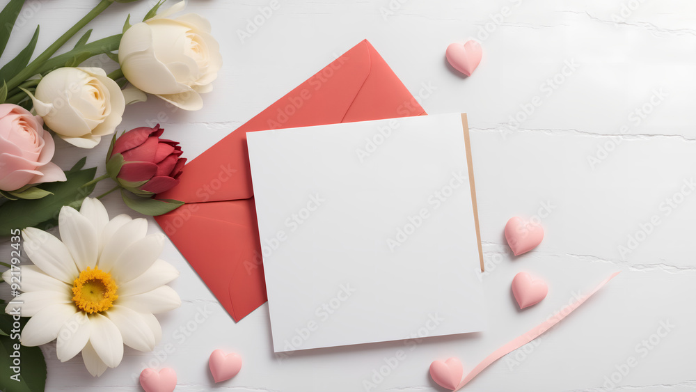 White blank greeting card on the background with flowers White blank greeting card on the background with flowers