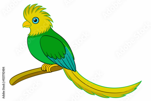 Golden-Headed Quetzal Bird Vector Illustration Perched on a Branch Clipart