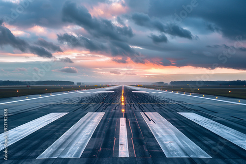 An empty airport runway with directional marking photo