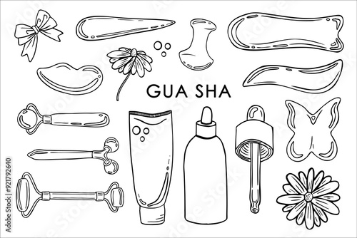 Guasha massage doodle and facial care tools. Roller, gua sha, massagers, spoon-shaped massager. Improves blood circulation, relieves tension and helps with skin care. Manual dialing..