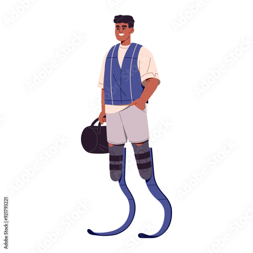 Disability and active lifestyle. Happy black guy with leg prostheses holds, carries sport bag for gym. Young man with medical amputation of limb, feet. Flat isolated vector illustration on white