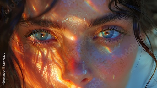  A woman with striking blue eyes illuminated by a vibrant rainbow light.