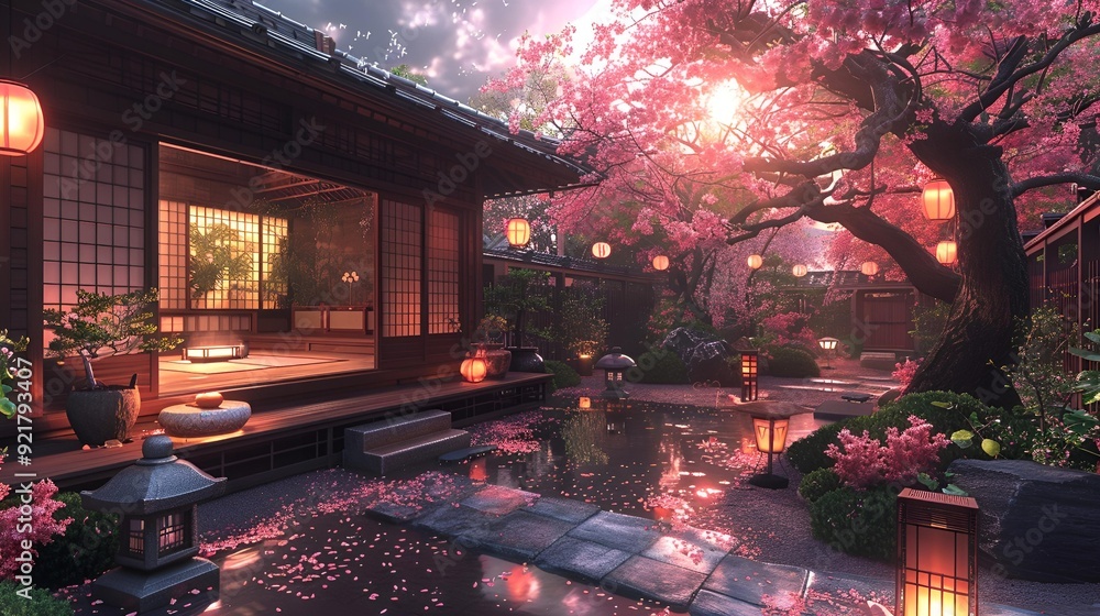 A serene Japanese garden featuring vibrant pink flowers and traditional lanterns. A serene Japanese garden featuring vibrant pink flowers and traditional lanterns.