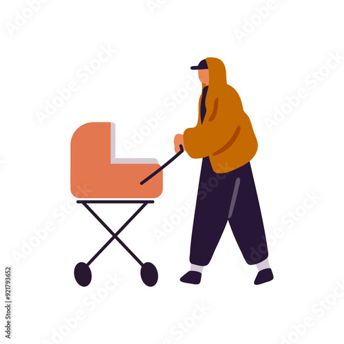 Person pushes stroller. Parent walks child with baby carriage. Mother or father strolls kid in pram. Babysitter goes with buggy for newborn. Flat isolated vector illustration on white background