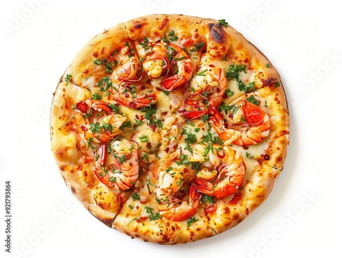 40 Pizza with lobster and garlic butter sauce white background bird's-eye view