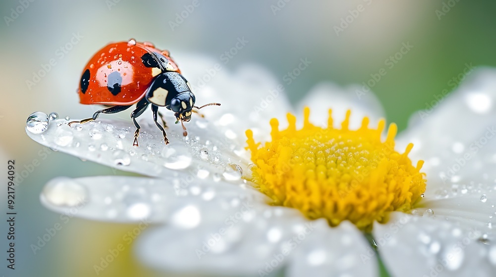 Fototapeta premium A ladybug on a flower with morning dew on its petals.