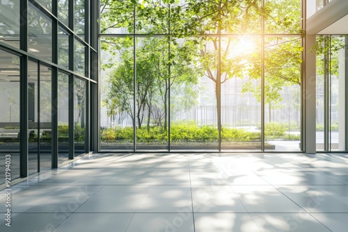 Modern spacious office lobby with large windows