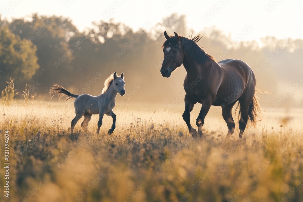 photo of a beautiful horse with foal running in the field photo of a beautiful horse with foal running in the field