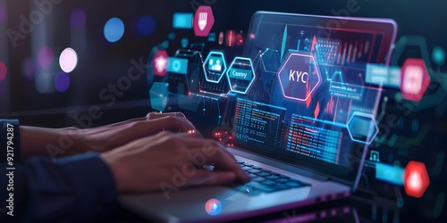 A professional analyzing data on a laptop with digital hexagonal icons labeled 