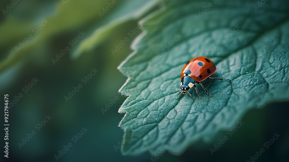 Fototapeta premium Little ladybug walking on a large leaf close up. Macro photography