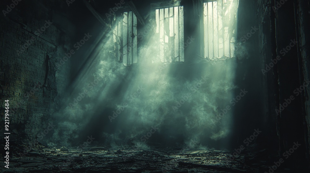Dark and Mysterious Room with Broken Windows. Dark and Mysterious Room with Broken Windows.