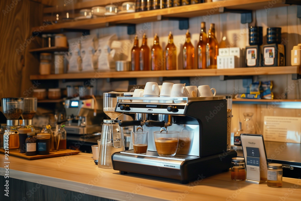 A coffee shop counter with an assortment of syrups A coffee shop counter with an assortment of syrups