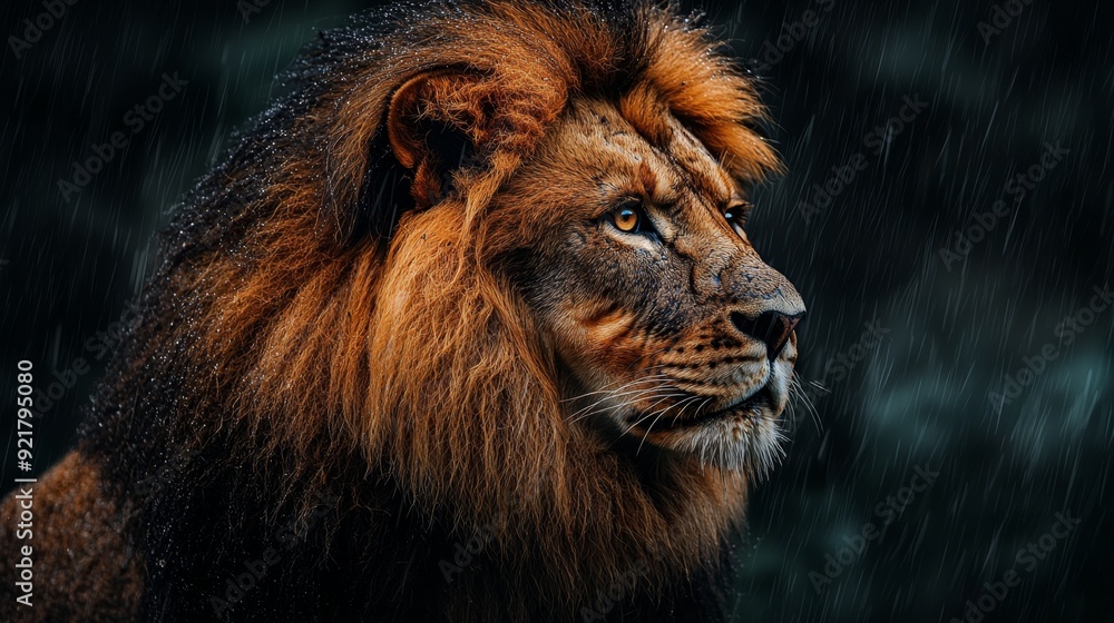 Naklejka premium Majestic Lion in the Rain.