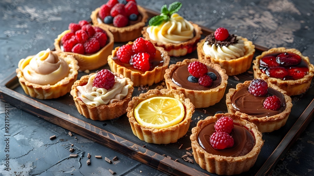 Assortment of Homemade Tartlets with Diverse Fillings Displayed on a Dessert Tray Assortment of Homemade Tartlets with Diverse Fillings Displayed on a Dessert Tray