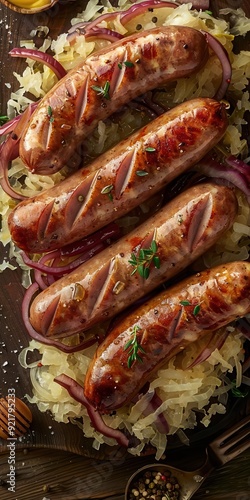 30 German sausages with sauerkraut and mustard bird's-eye view photo