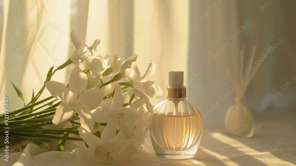 A bottle of perfume and a sprig of tuberose in the sun's rays A bottle of perfume and a sprig of tuberose in the sun's rays