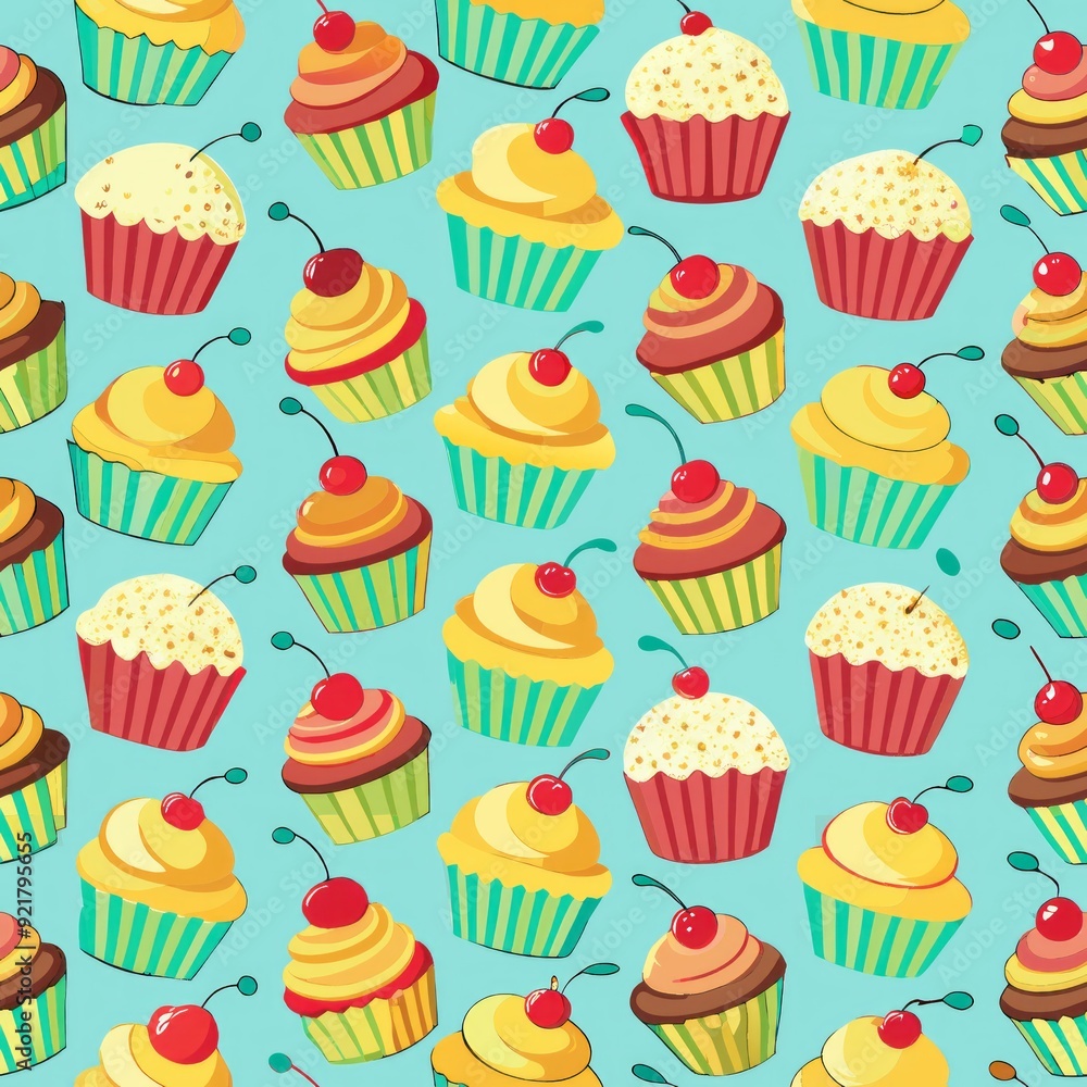 Seamless pattern of cupcakes with frosting and cherries Seamless pattern of cupcakes with frosting and cherries