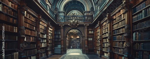 Old library interior, library books.