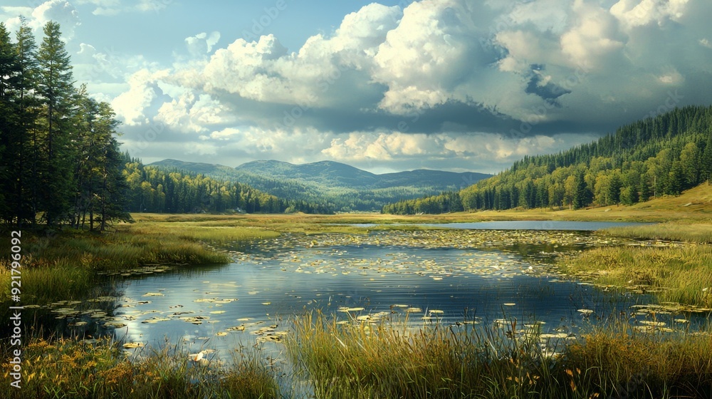 Tranquil Forest Lake with Lily Pads. Tranquil Forest Lake with Lily Pads.