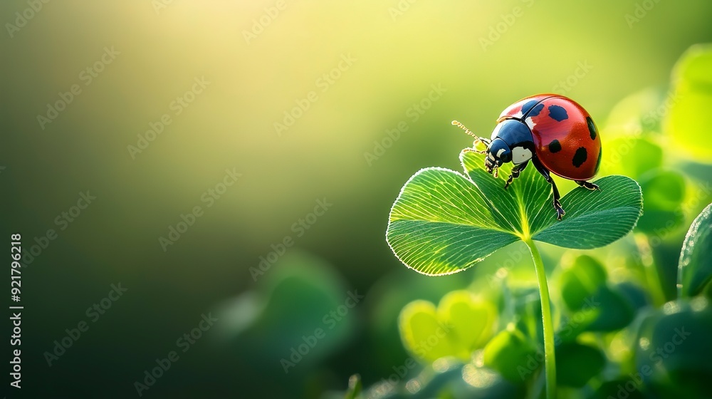 A vibrant ladybug perched on a clover leaf against a fresh green background A vibrant ladybug perched on a clover leaf against a fresh green background