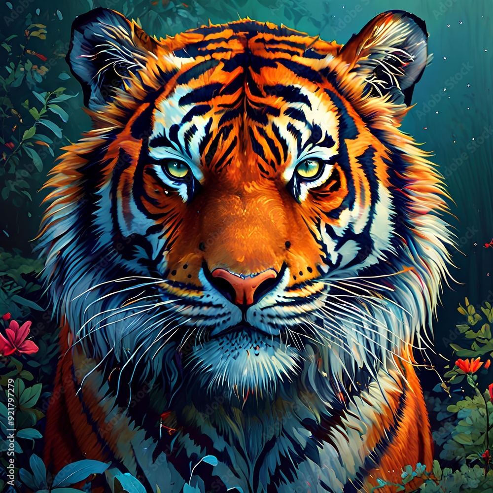 Artistic Photorealism, Tiger in a Lush, Flower-Filled Forest Artistic Photorealism, Tiger in a Lush, Flower-Filled Forest