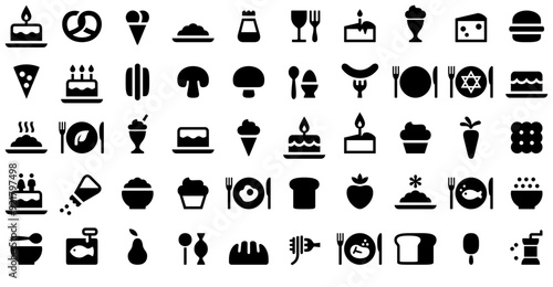 Set Of Linear Food Isolated Silhouette Solid Icons With Baking,Food,Plate,Cake,Dessert Simple Black Style Symbol Sign For Apps And Website, Vector Illustration