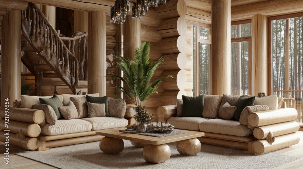 Cozy softwood furniture in a modern cabin interior with large windows and natural light Cozy softwood furniture in a modern cabin interior with large windows and natural light