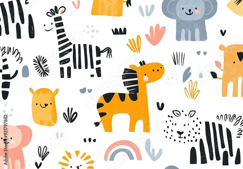 Abstract seamless pattern with cute cartoon safari animals photo