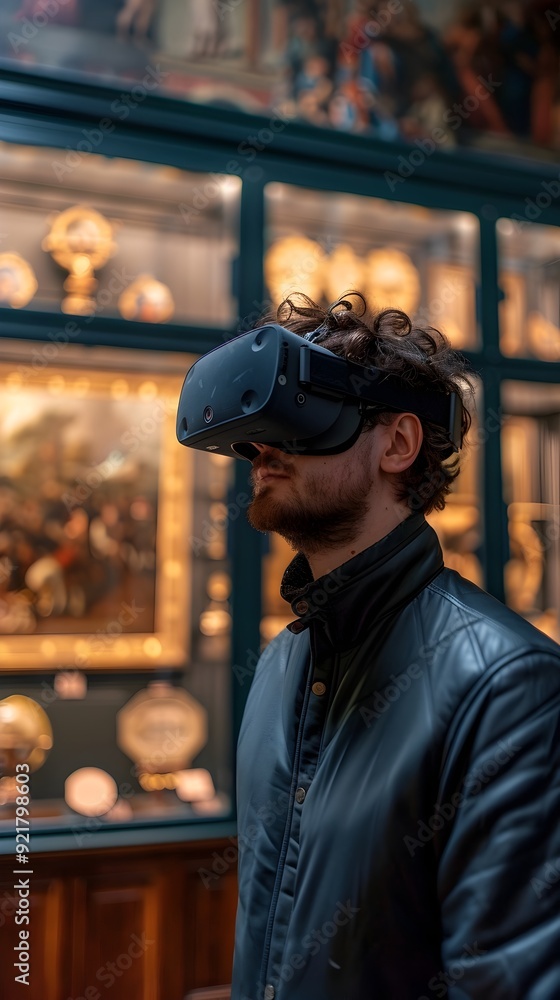 Obraz premium Exploring a Virtual Museum with Interactive Historical Artifacts in VR Headset