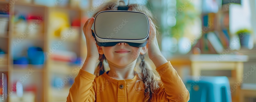 Child Immersed in Virtual Classroom Learning Environment with VR Headset Child Immersed in Virtual Classroom Learning Environment with VR Headset