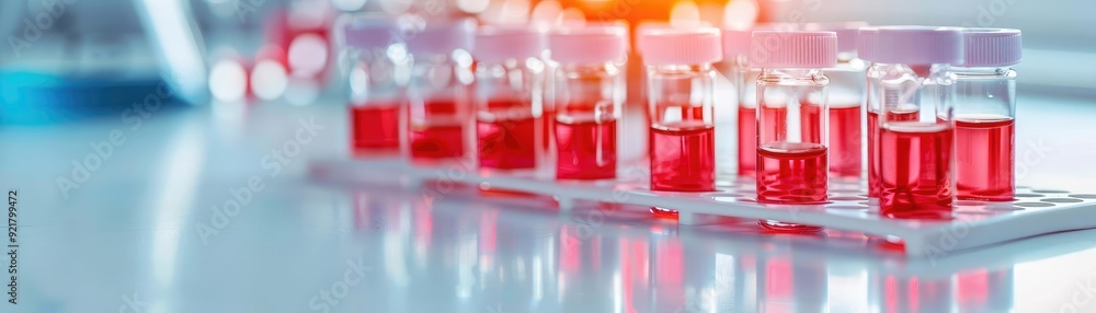 Diabetes diagnostics with red liquid test samples, modern laboratory environment, clear and detailed results, high-quality image Diabetes diagnostics with red liquid test samples, modern laboratory environment, clear and detailed results, high-quality image