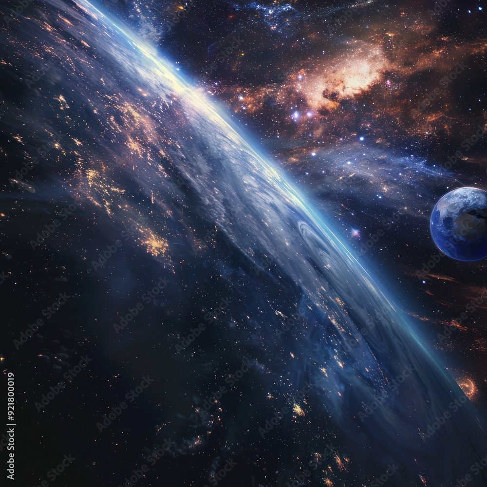 Fototapeta premium Earth's Curve with City Lights and a Galaxy in the Distance