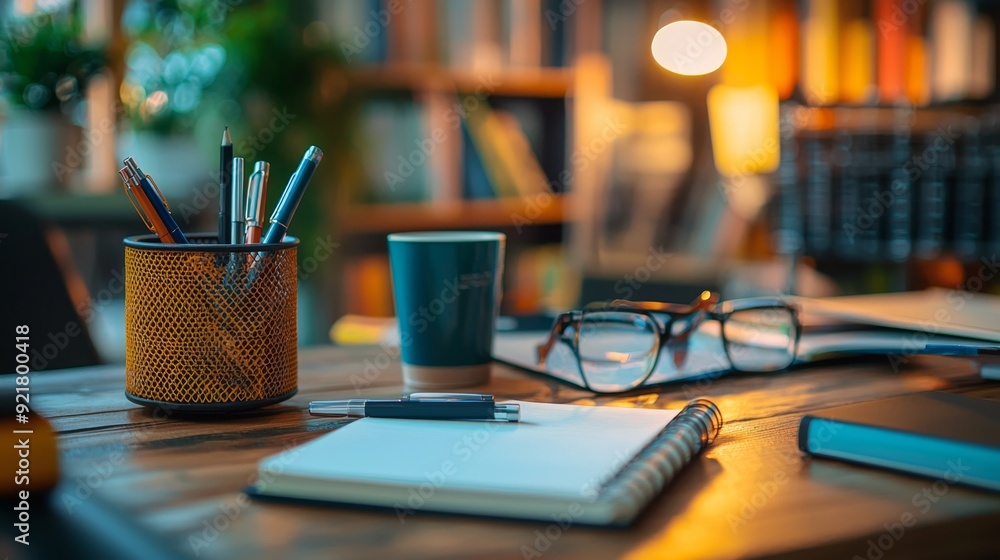 Open Notebook on Wooden Desk with Pens and Glasses. Open Notebook on Wooden Desk with Pens and Glasses.