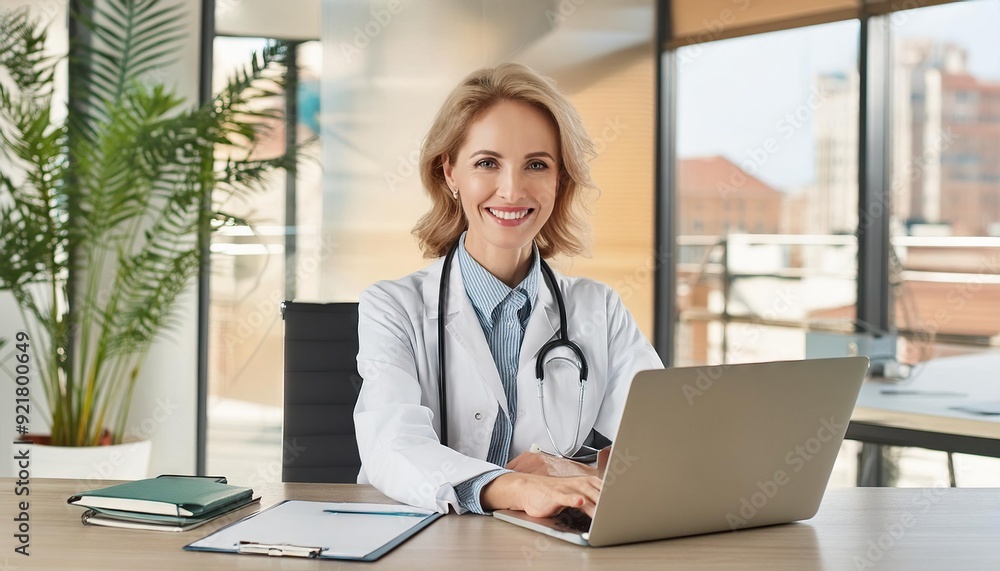 female family doctor in white coat using laptop at desk, smiling confidently in a modern clinic setting female family doctor in white coat using laptop at desk, smiling confidently in a modern clinic setting