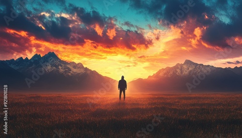 Silhouette of a person standing in a vast landscape during a vibrant sunset near mountains