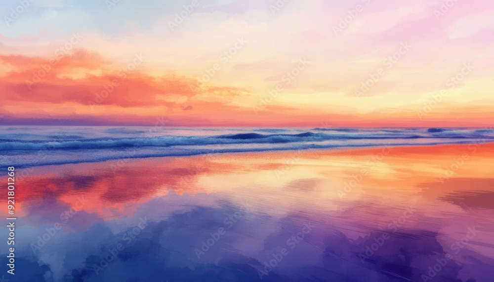 Vibrant sunset reflecting on calm ocean waves at a beach Vibrant sunset reflecting on calm ocean waves at a beach