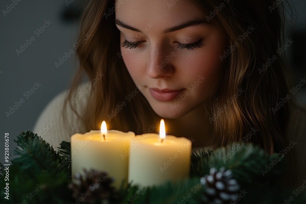 Young woman with lit candles, serene expression, intimate ambian Young woman with lit candles, serene expression, intimate ambian